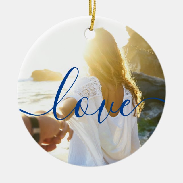 Personalized 2 Photos and Script Text Love Ceramic Ornament (Front)