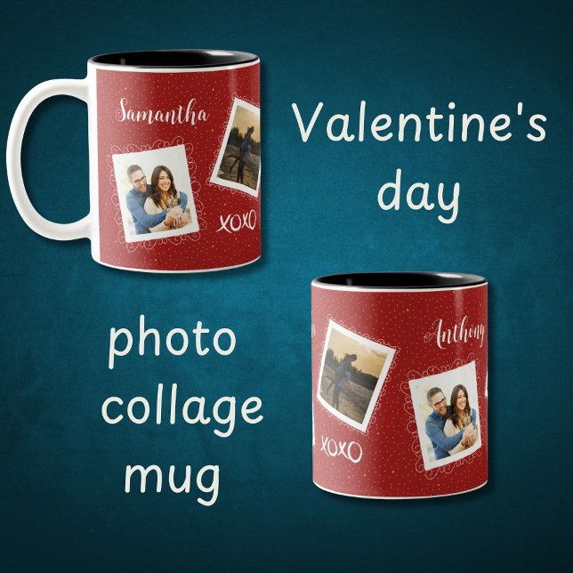 Personalized 2 photos & names on cherry red  Two-Tone coffee mug (Creator Uploaded)