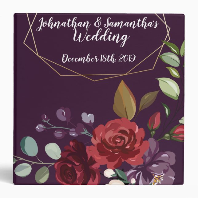 Personalized 2" Wedding Binder Plum Purple Roses G (Front)