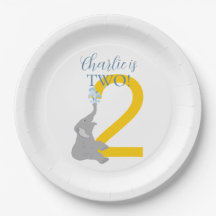 Personalized 2nd Birthday Grey Elephant Plates