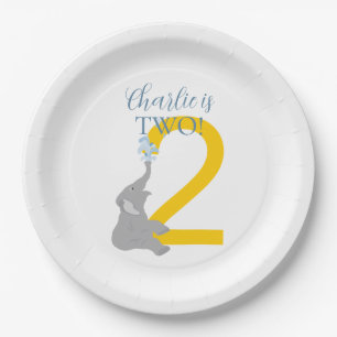 Personalized 2nd Birthday Grey Elephant Plates