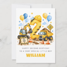 Personalized 2nd Construction Boy Birthday Card