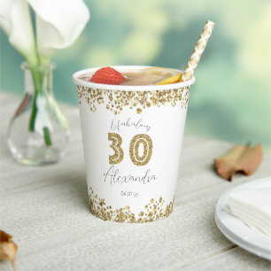 Personalized '30 and Fabulous' Gold Glitter Paper Cups