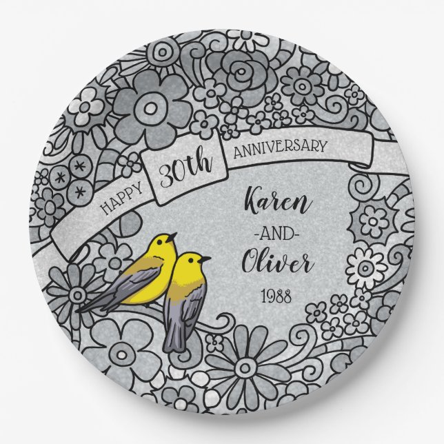 Personalized 30th Anniversary, Floral Birds Paper Plate (Front)