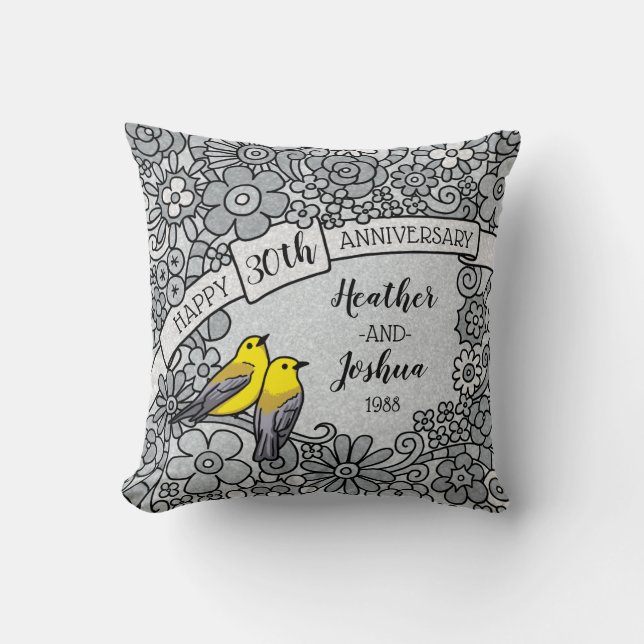 Personalized 30th Anniversary, Floral Birds Throw Pillow (Front)
