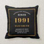 Personalized 30th Birthday 1991 Elegant Chic Black Throw Pillow<br><div class="desc">For those born in 1991 and celebrating their 30th birthday we have the ideal surprise birthday party throw pillow gift. The black background with a white and gold design is simple and yet elegant. Easily customize the text to the front and the interior of these party supplies using the template...</div>