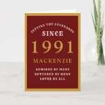 Personalized 30th Birthday 1991 Red Gold Chic Card<br><div class="desc">30th birthday red and gold birthday card for those special people born in 1991. Easily customize the text to the front and the interior of this birthday card using the template provided. Part of the setting standards range of greeting cards.</div>