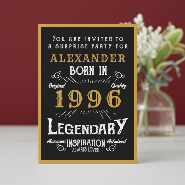 Personalized 30th Birthday 1996 Black Gold Legend Invitation (1996 birthday invitation. White and red background.)