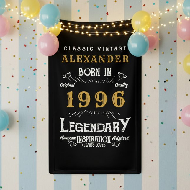 Personalized 30th Birthday 1996 Vintage Legend Banner (Born 1996 birthday banner against a striped wall.)