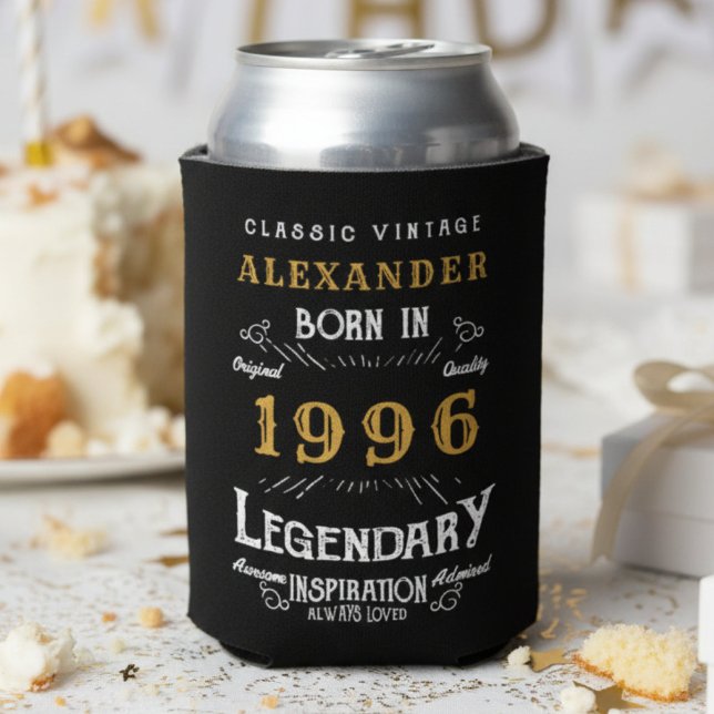 Personalized 30th Birthday 1996 Vintage Legendary Can Cooler (30th birthday can cooler white background.)