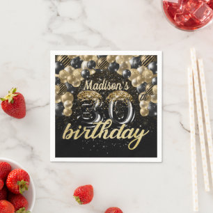 Personalized 30th Birthday Black Gold Balloon Napkin