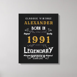 Personalized 30th Birthday Born 1991 Vintage Black Canvas Print