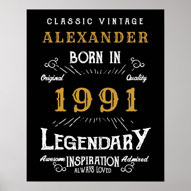 Personalized 30th Birthday Born 1991 Vintage Black Poster (Front)