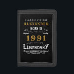 Personalized 30th Birthday Born 1991 Vintage Black Trifold Wallet<br><div class="desc">A personalized wallet design for those born in 1991 and turning 30. Add the name to this vintage retro style black, white and gold design for a custom 30th birthday gift. Easily edit the name and year with the template provided. A wonderful custom black birthday gift. More gifts and party...</div>