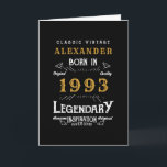 Personalized 30th Birthday Born 1993 Vintage Black Card<br><div class="desc">A personalized classic card for that celebration class for someone born in 1993 and turning 30. Add the name to this vintage retro style black, white and gold design for a custom birthday greeting card. Easily edit the name and year with the template provided. The Wonderful custom gift. More gifts...</div>