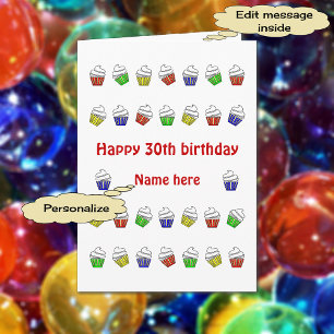 Personalized 30th birthday colourful cupcakes card