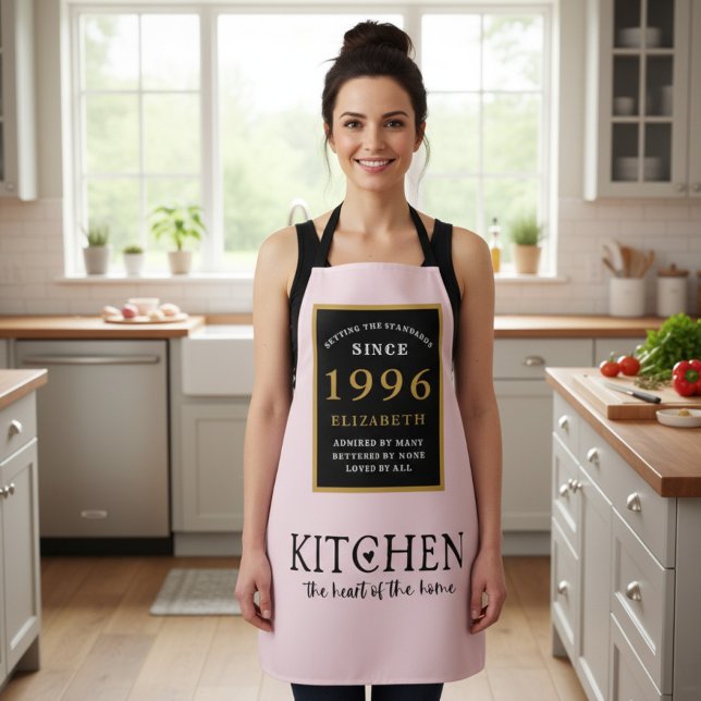 Personalized 30th Birthday Cook Chef Baker Pink Apron (Born 1996 pink apron worn in a kitchen)