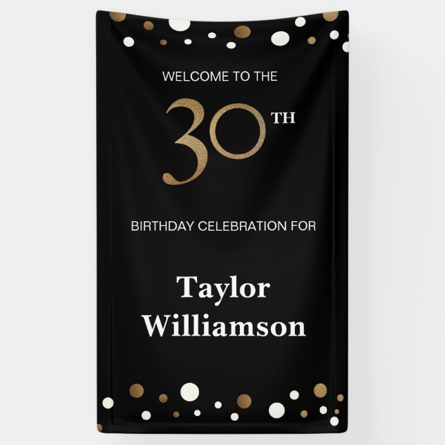 Personalized 30th Birthday Gold and black confetti Banner (Vertical)