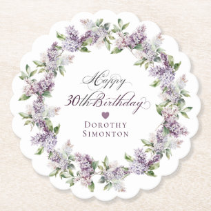 Personalized 30th Birthday Purple Lilac Flower Paper Coaster