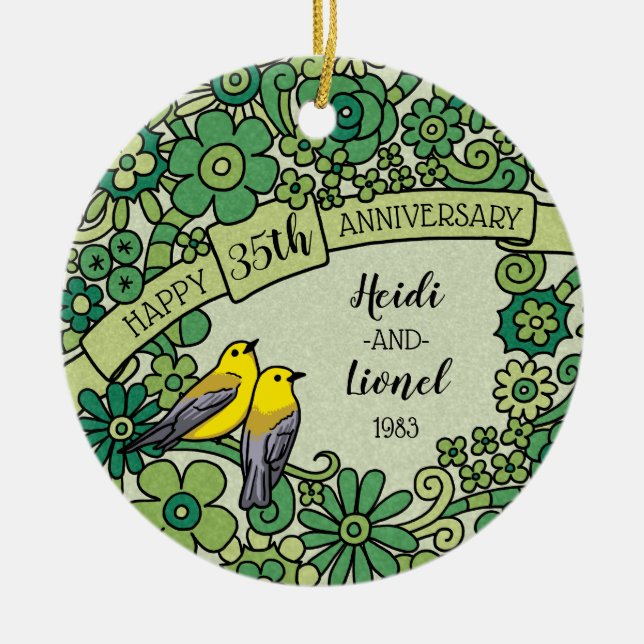 Personalized 35th Anniversary, Jade Floral Birds Ceramic Ornament (Front)