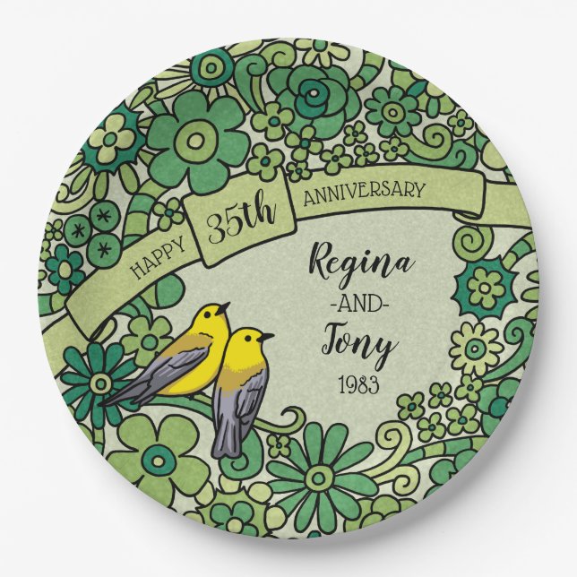 Personalized 35th Anniversary, Jade Floral Birds Paper Plate (Front)