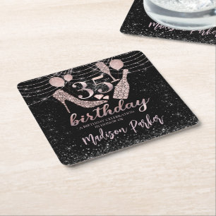 Personalized 35th Birthday Pink Black Glitter Square Paper Coaster