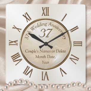 Personalized 37 Year Anniversary Clock, Alabaster Square Wall Clock