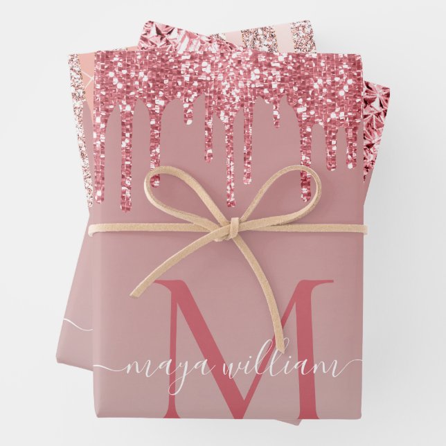 Personalized 3 Colour Rose Gold Glitter Drips  Wrapping Paper Sheet (In situ)