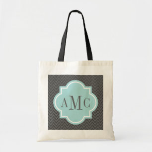 Personalized 3 letter monogram grey teal tote bag