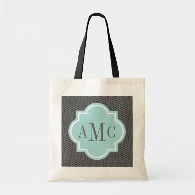 Personalized 3 letter monogram grey teal tote bag (Front)