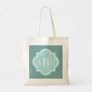Personalized 3 letter monogram teal blue tote bag