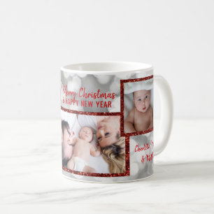 Personalized 3 PHOTO Christmas Red Glitter Silver Coffee Mug