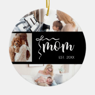 Personalized 3 Photo Collage Black Mom Est Year Ceramic Ornament