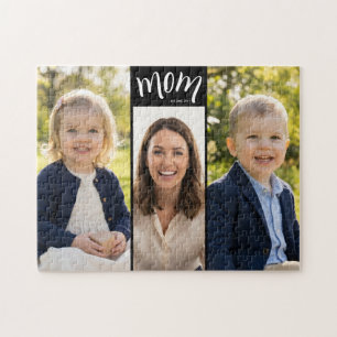 Personalized 3-Photo Collage Black Mom Est Year Jigsaw Puzzle