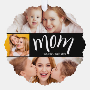 Personalized 3-Photo Collage Black Mom Est Year O Ornament Card