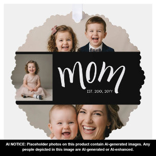 Personalized 3-Photo Collage Black Mom Est Year O Ornament Card