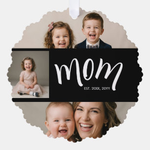 Personalized 3-Photo Collage Black Mom Est Year  O Ornament Card