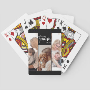 Personalized 3-Photo Collage Black Mom Est Year Playing Cards