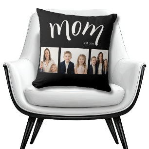 Personalized 3-Photo Collage Black Mom Est Year Throw Pillow