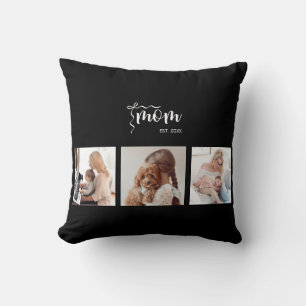 Personalized 3-Photo Collage Black Mom Est Year Throw Pillow