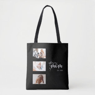 Personalized 3-Photo Collage Black Mom Est Year Tote Bag