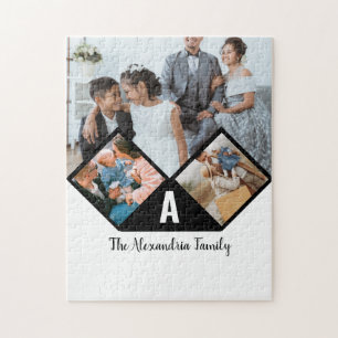 Personalized 3 photo collage family monogram jigsaw puzzle