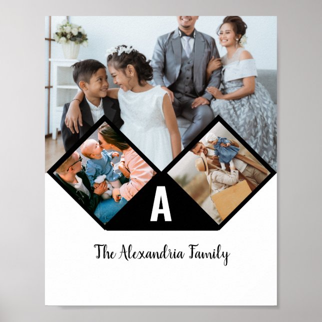 Personalized 3 photo collage family monogram poster (Front)
