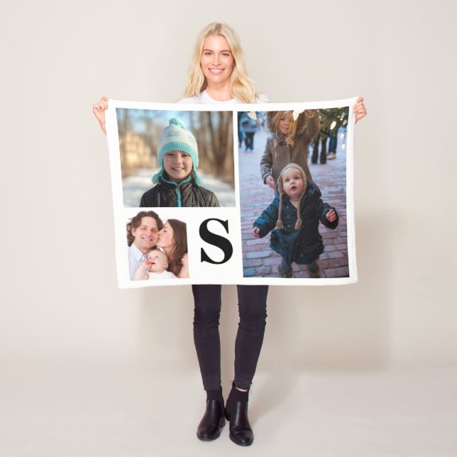 Personalized 3 Photo Collage Monogrammed Fleece Blanket (In Situ)