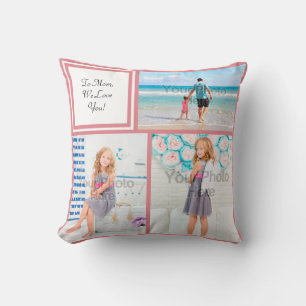 Personalized 3 Photo Collage Pink Mom Love Throw Pillow