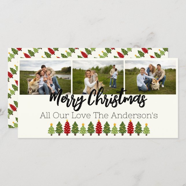 Personalized 3 Photo Collage with Christmas Trees Holiday Card (Front/Back)