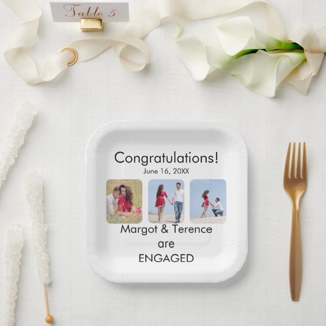 Personalized 3-Photo Engagement Announcement Paper Plate (Wedding)