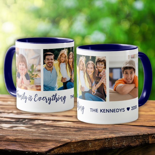 Personalized 3 Photo Family Name Quote Blue Mug (Creator Uploaded)