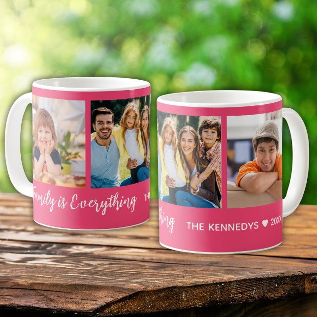 Personalized 3 Photo Family Name Quote Hot Pink Coffee Mug (Creator Uploaded)
