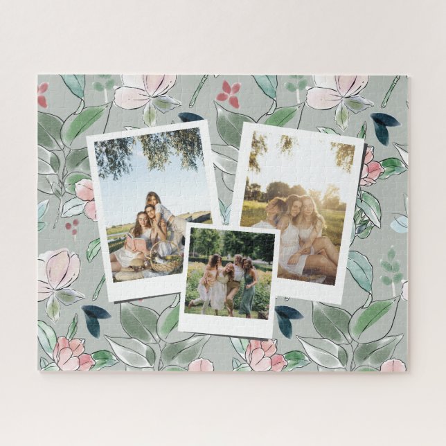 Personalized 3 Photo Green Floral Background Jigsaw Puzzle (Horizontal)